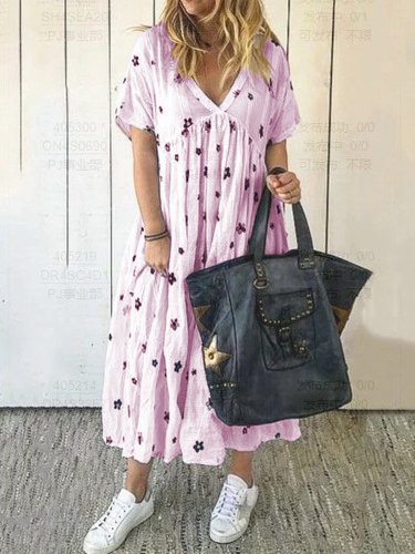 Short Sleeve V Neck Cotton Dresses