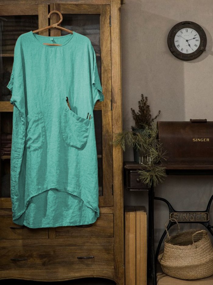 Women Round Neck Linen Half Sleeve Casual Solid  Dress