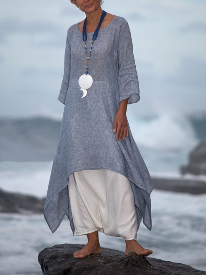 Plus Size Women Linen Dress Casual Asymmetric  Crew Neck Summer Dresses