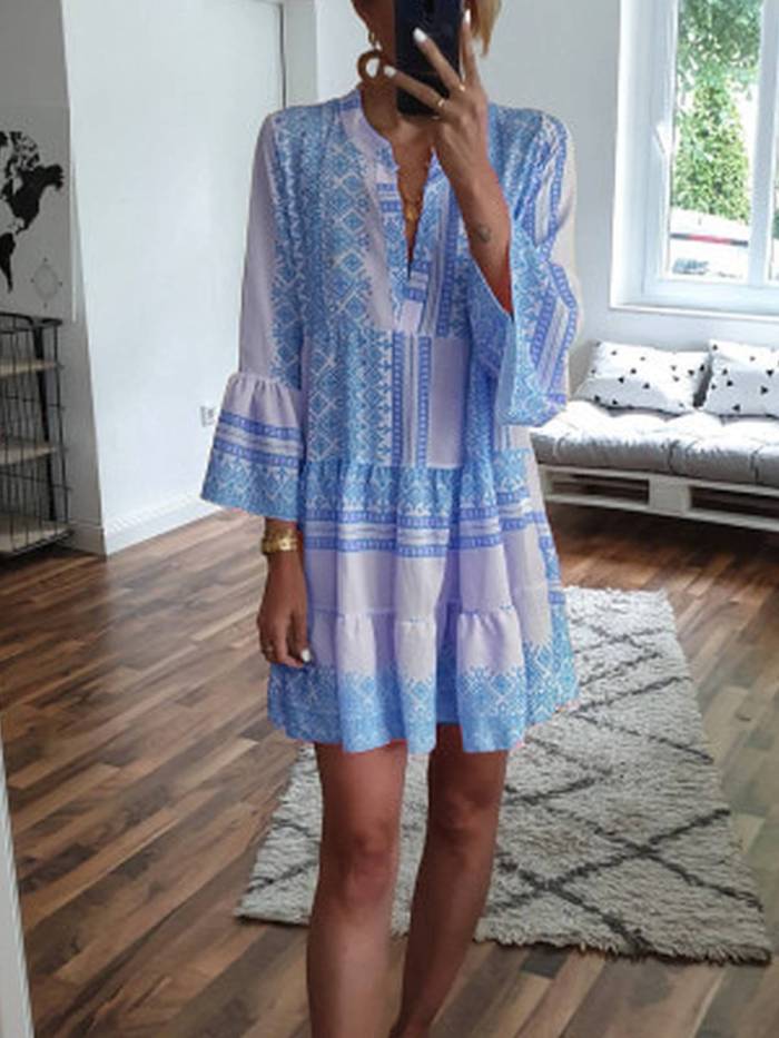 Pink Cotton-Blend Boho Striped V Neck Dresses