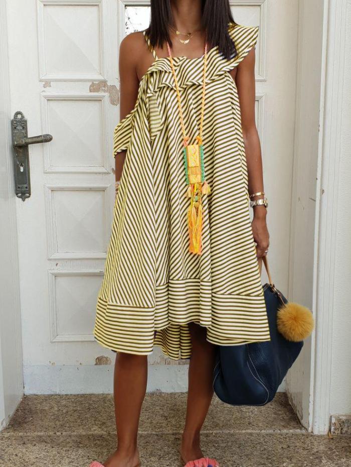 Short Sleeve Cotton-Blend Striped Dresses