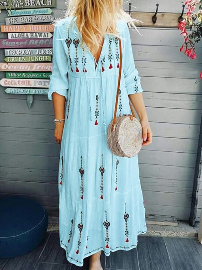 V Neck Women Dresses Cotton Embroidered Dresses
