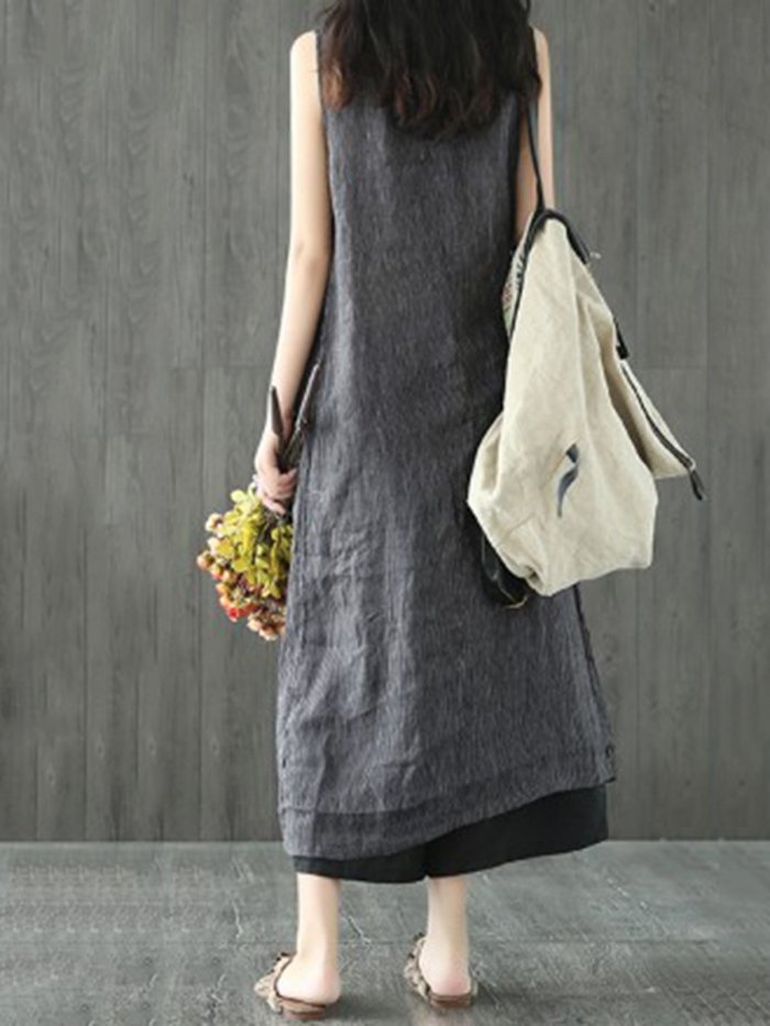 Linen Maxi Dress Plus Size  Crew Neck Shift Sleeveless Casual