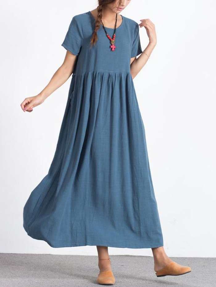 Blue Short Sleeve Crew Neck Linen Dresses