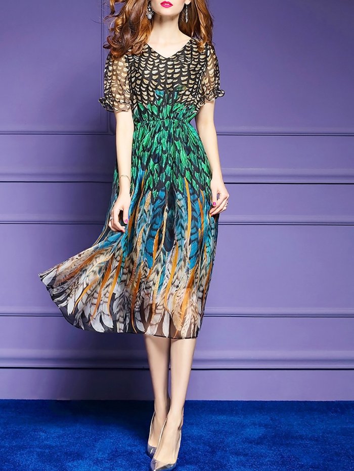 Short Sleeve Beach Chiffon Printed Midi Dress