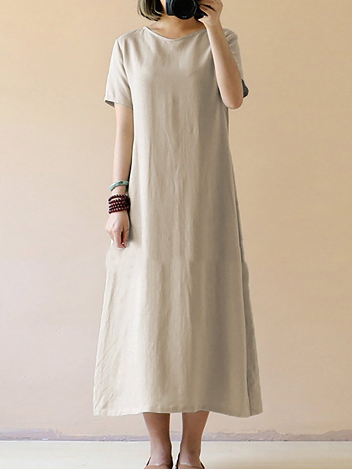 Shift Women Daily Linen Short Sleeve Casual Solid Casual Dress
