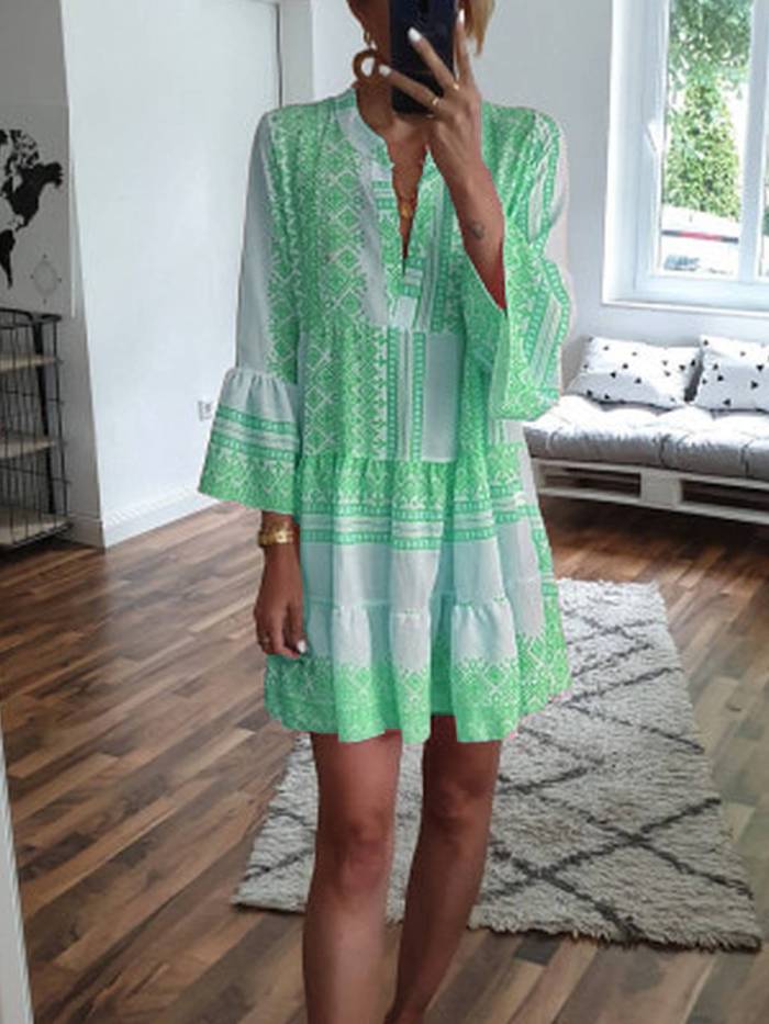 Pink Cotton-Blend Boho Striped V Neck Dresses