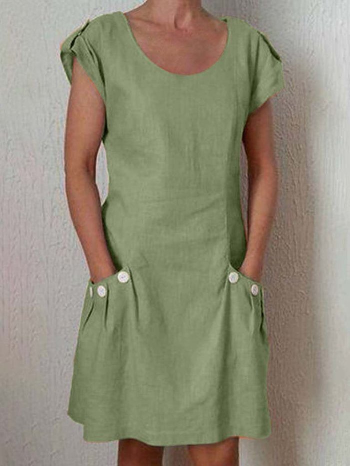 Casual Buttoned Short Sleeve Cotton-Blend Dresses