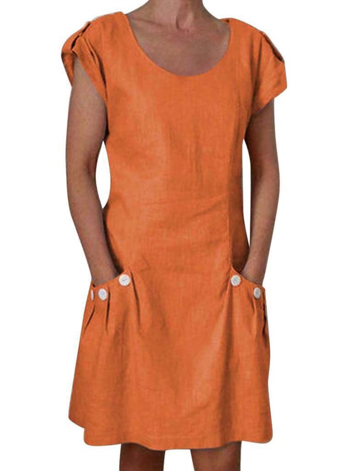 Casual Buttoned Short Sleeve Cotton-Blend Dresses