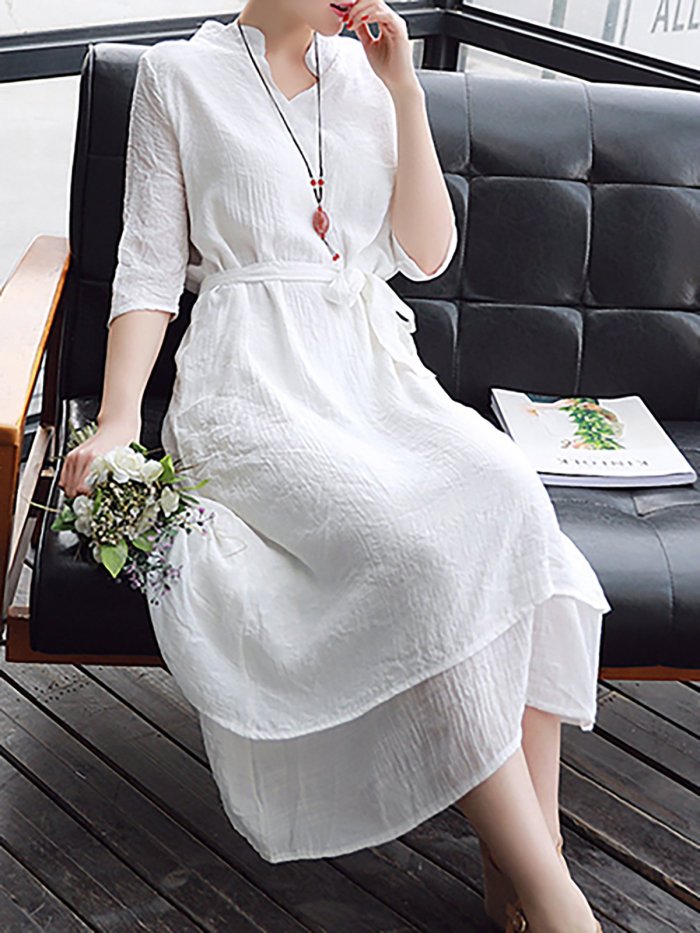 V neck Women Casual Dress Shift Daily Linen Paneled Dress