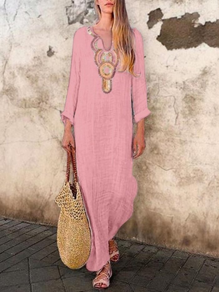 V Neck Vintage Long Sleeve Maxi Dresses