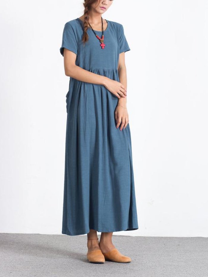 Blue Short Sleeve Crew Neck Linen Dresses