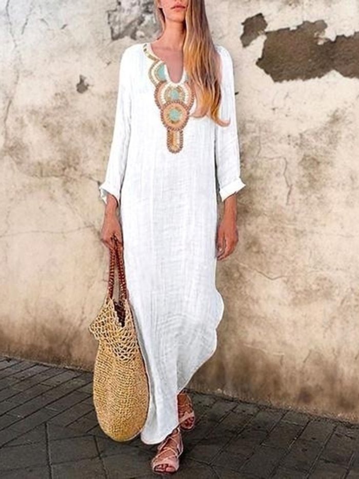 V Neck Vintage Long Sleeve Maxi Dresses