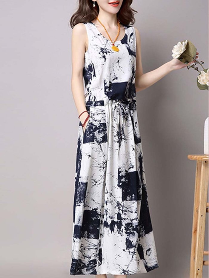 Casual Drawstring Printed Two-Piece Maxi Plus Size Dress