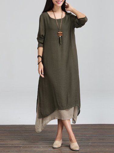 Long Sleeve Linen Cotton Crew Neck Casual Plus Size Dress