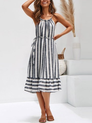Women Plus Size Stripe Spaghetti-strap  Flounce Holiday  Dress