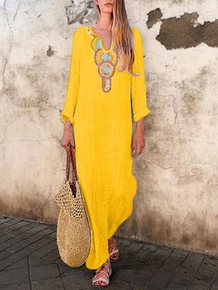 V Neck Vintage Long Sleeve Maxi Dresses