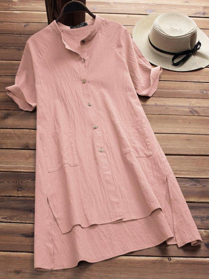 Casual Solid Buttoned Cotton Casual Dress