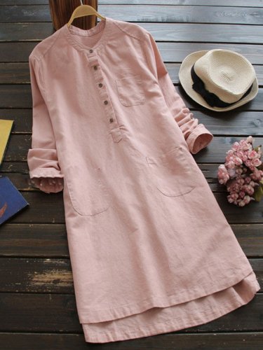Shift Women Daytime Linen Long Sleeve Casual Buttoned Casual Dress