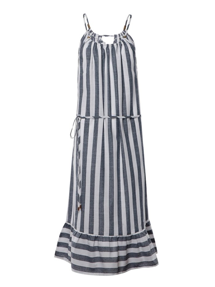 Women Plus Size Stripe Spaghetti-strap  Flounce Holiday  Dress