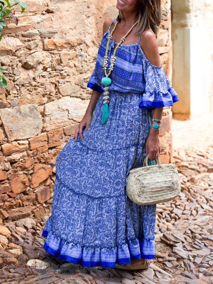 Sweet Swing Short Sleeve Off Shoulder Maxi Dresses
