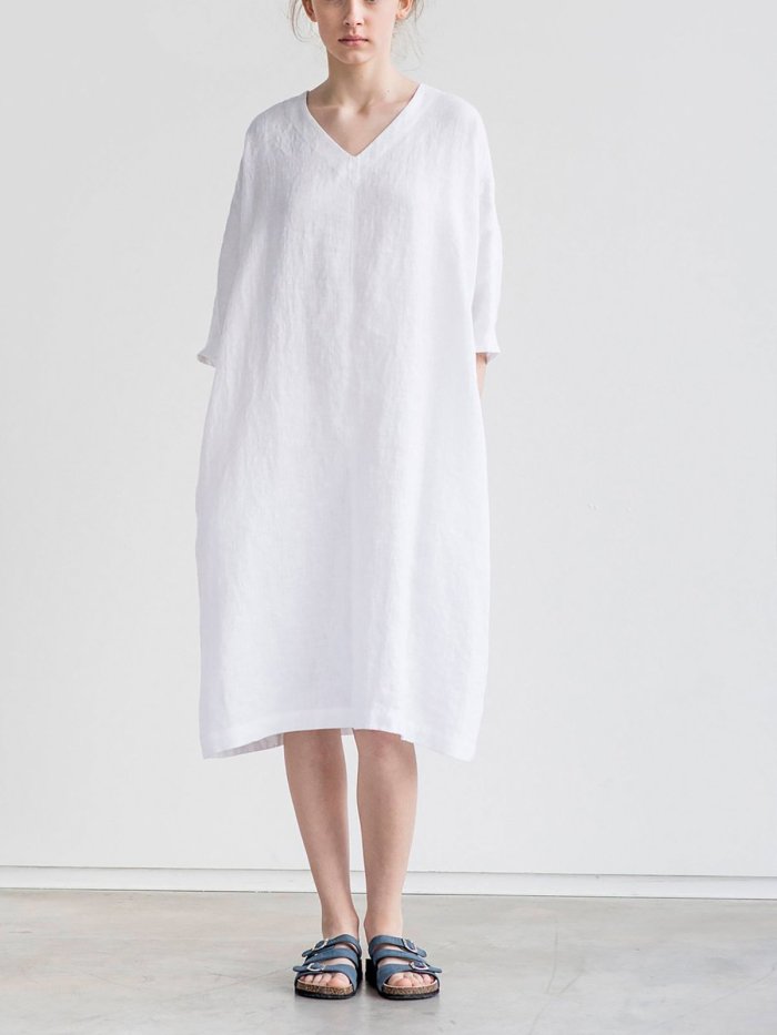 Washed linen Oversize V Neckline Loose Cozy Linen Dress