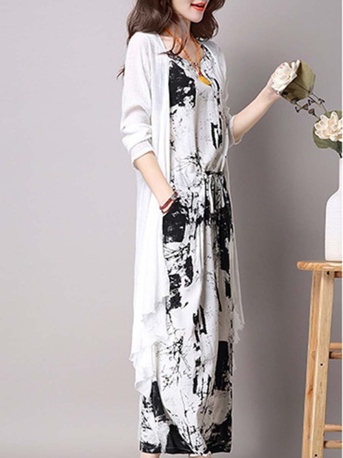 Casual Drawstring Printed Two-Piece Maxi Plus Size Dress