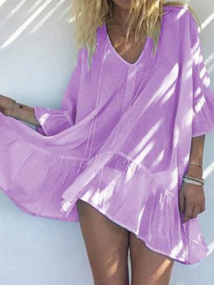 V Neck Plain Cotton Dresses