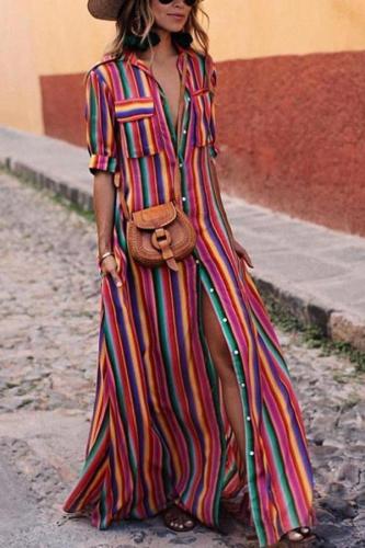 Button Down Collar  Stripes  Roll Up Sleeve  Half Sleeve Maxi Plus Size Dress