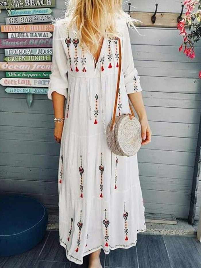 V Neck Women Dresses Cotton Embroidered Dresses