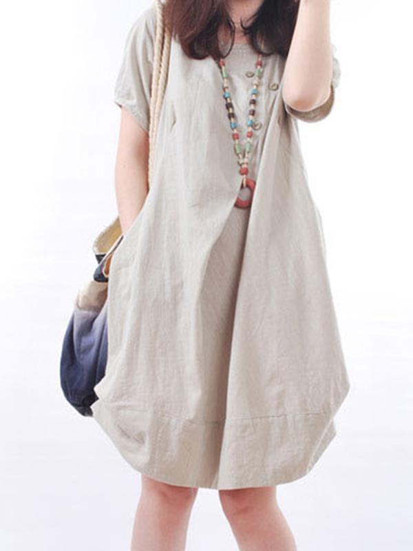 Women Short Sleeve Pockets Cocoon Casual Dress
