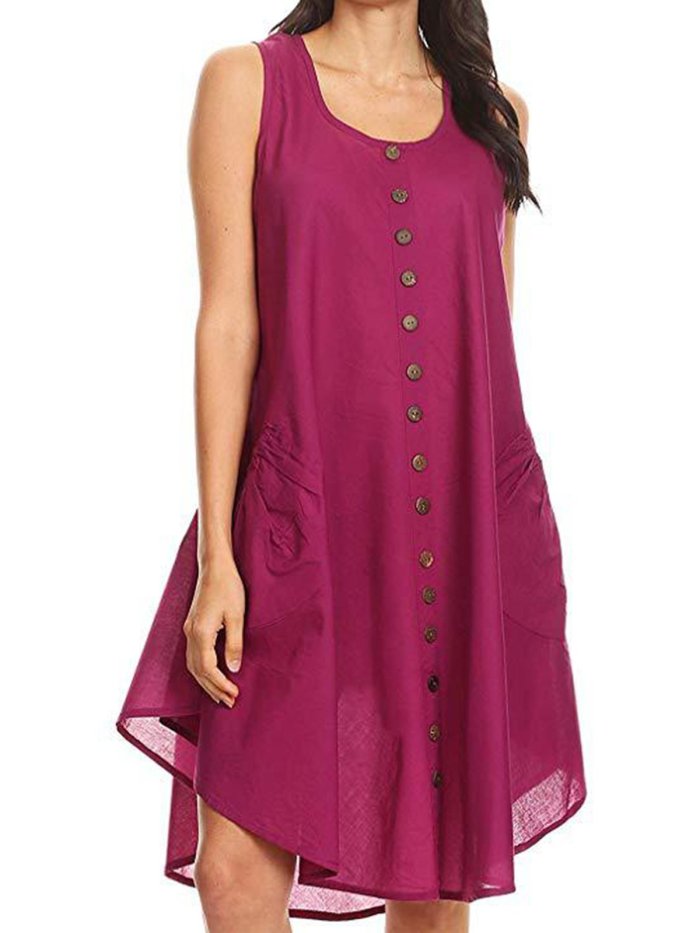 Women Dress Pockets Buttons Round Neck Asymmetrical Dresses