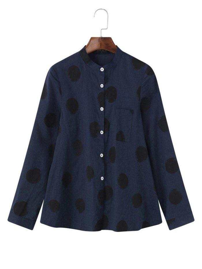 Women Casual Polka Dot Cotton Tops Long Sleeve Stand Collar Blouses