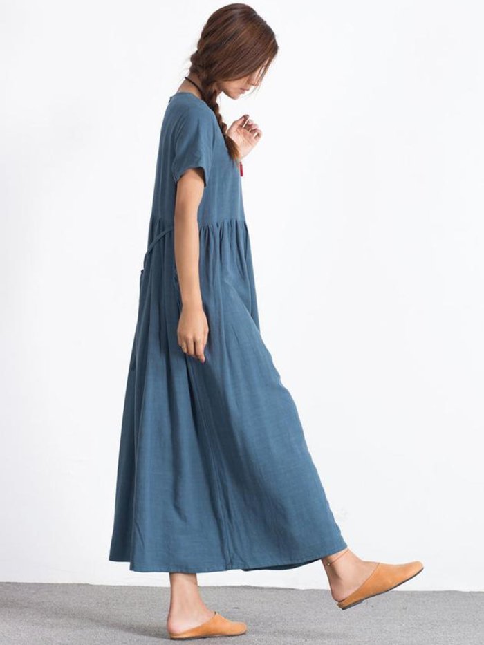 Blue Short Sleeve Crew Neck Linen Dresses