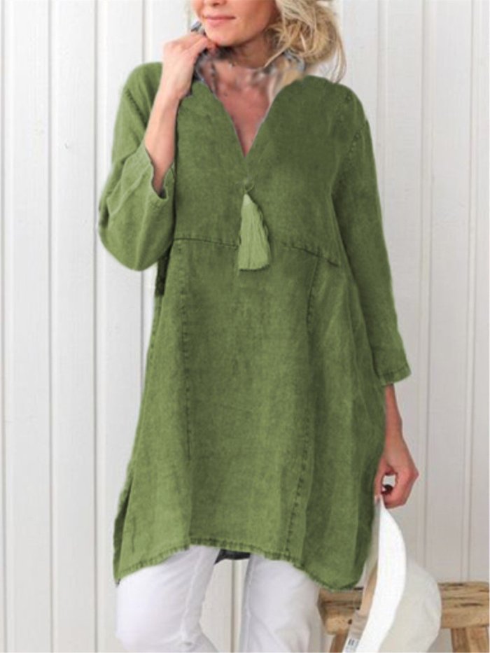 3/4 Sleeve V Neck Casual Plain Dress