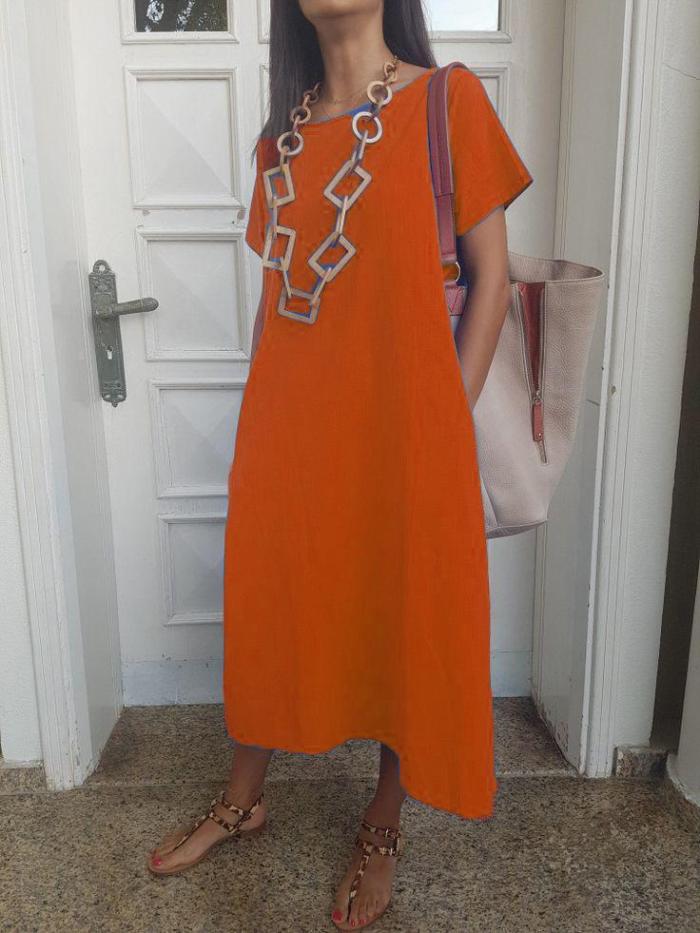 Solid Short Sleeve Cotton-Blend Dresses