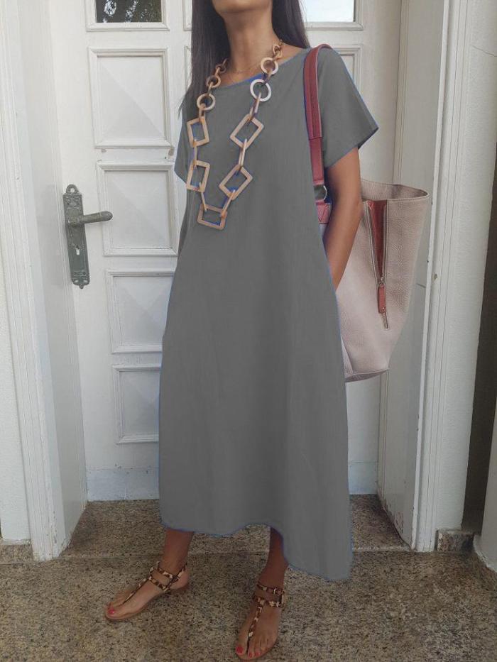 Solid Short Sleeve Cotton-Blend Dresses