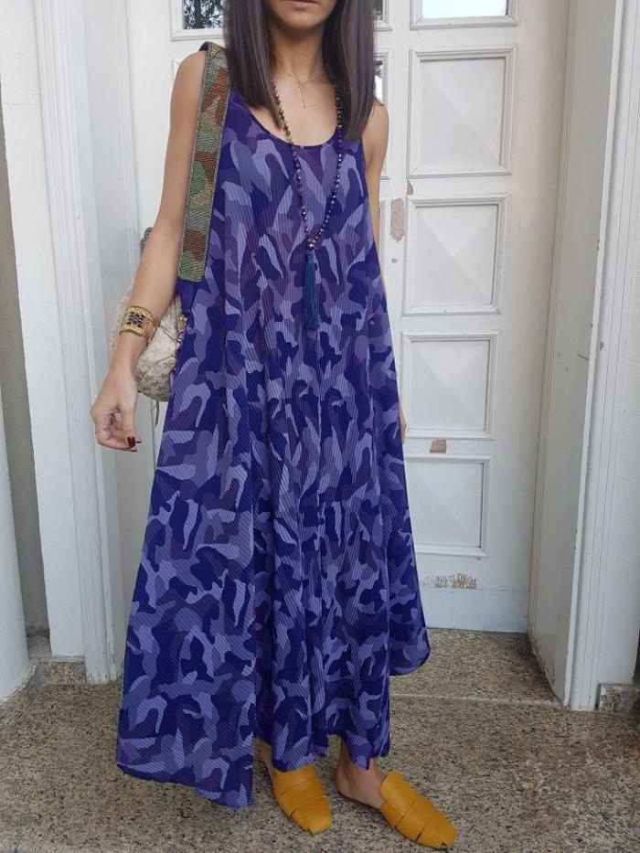 Cotton-Blend Casual Sleeveless Crew Neck Dresses