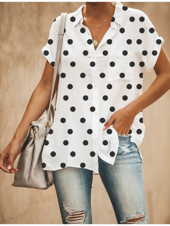 Women Casual Relaxed Fit Polka Dots Button Down Shirt