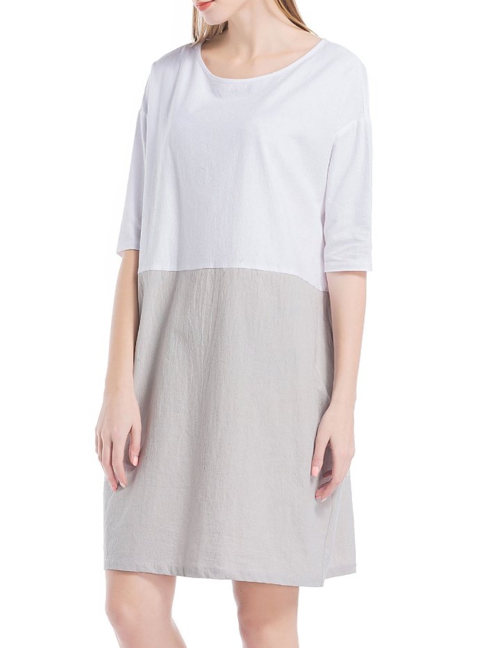 Brown 3/4 Sleeve Pockets Shift Plus Size Dress