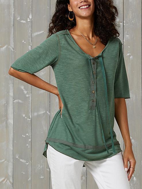 Army Green Casual V Neck Cotton-Blend Half Sleeve Shirts & Tops