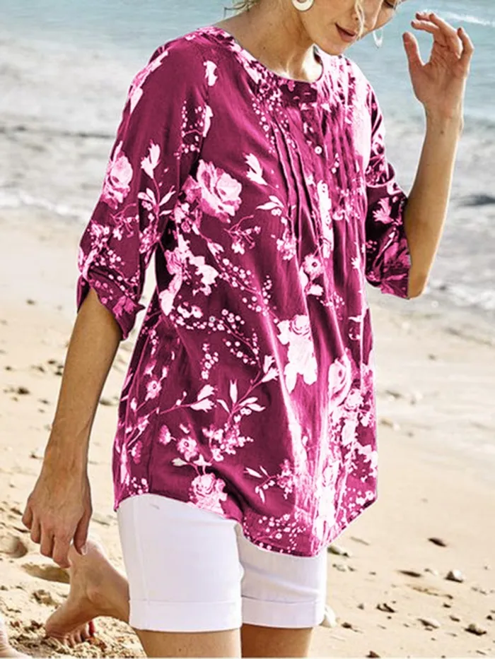 Floral-print Half Sleeve V Neck Blouse