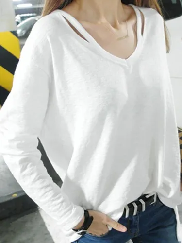 White Plain V Neck Casual Shift Shirts & Tops
