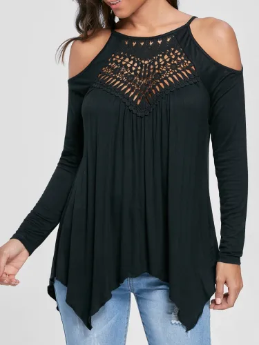 Sexy Off Shoulder Long Sleeve Cut-out Plain T-Shirt