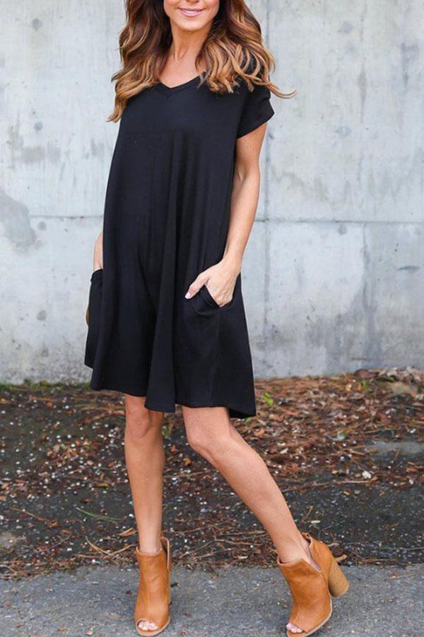 V Neck  Patch Pocket  Plain  Short Sleeve Casual Dresses