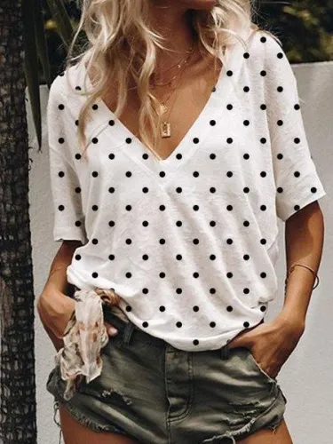 Short Sleeve V Neck Polka Dots Shirts & Tops