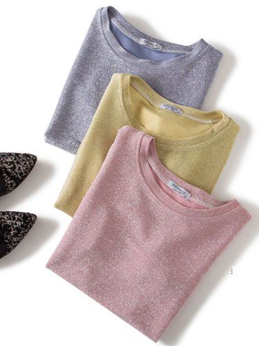 Plus Size Women Short Sleeve Round Neck Vintage Sequin Solid Casual Tops