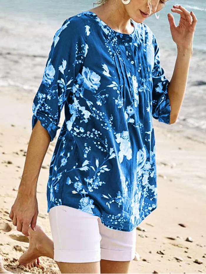 Floral-print Half Sleeve V Neck Blouse