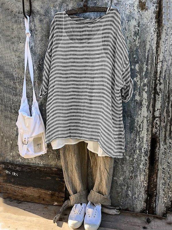 Casual Round Neck 3/4 Sleeve Striped Plus Size Bat Sleeve Tops