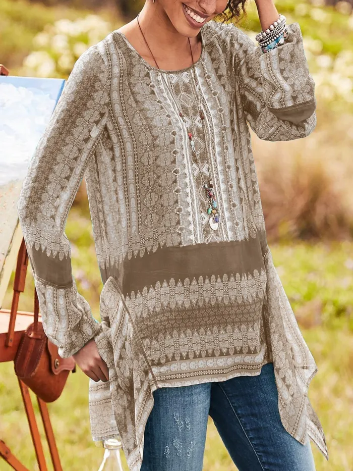 Vintage  Women  Round Neck Long Sleeve Casual Tops